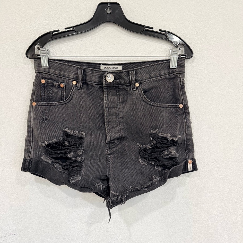 One x One Teaspoon Black High Rise Distressed Denim Shorts Women's Size 26